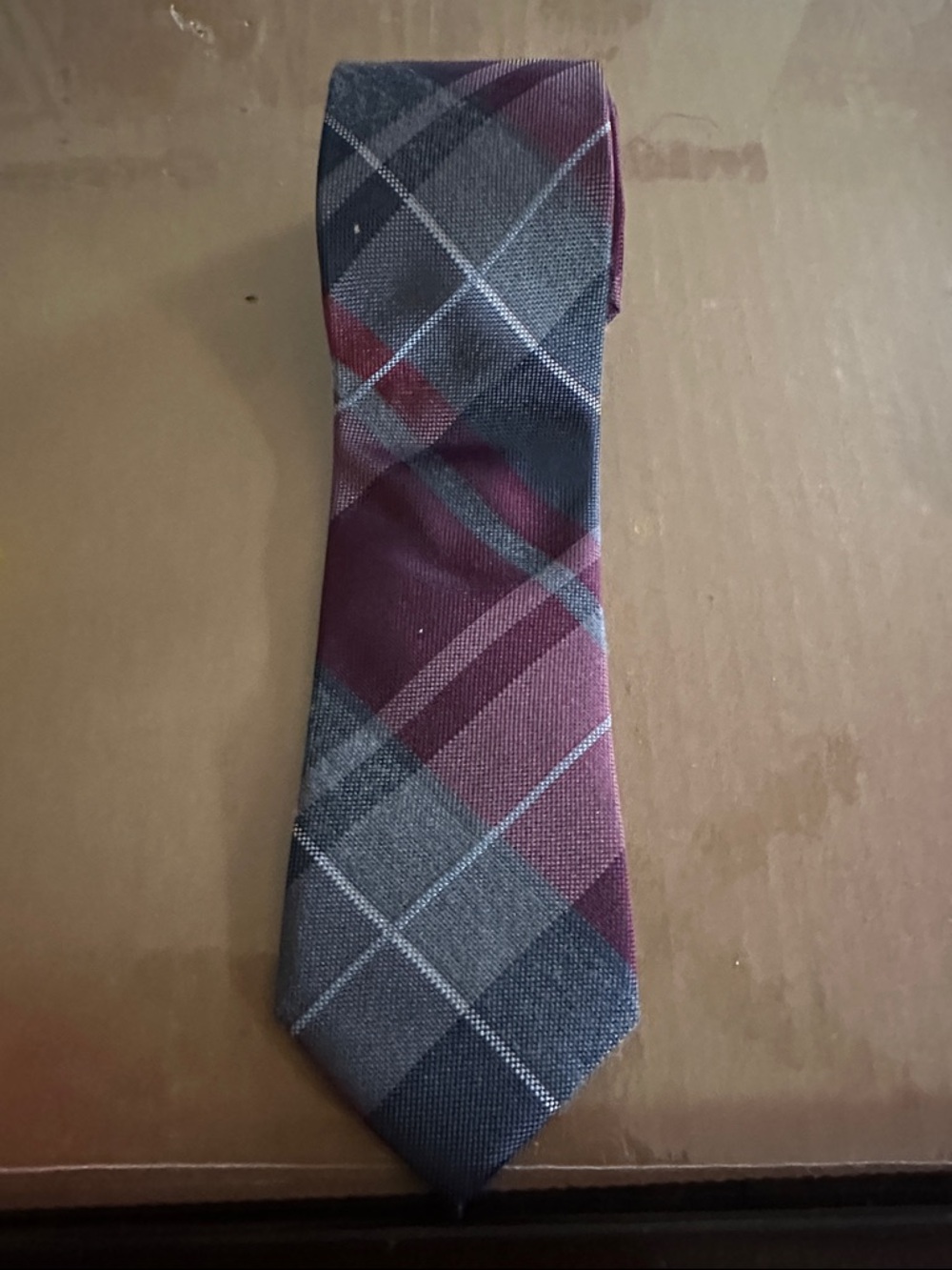 Men's Plaid Knit Tie in Burgundy and Gray